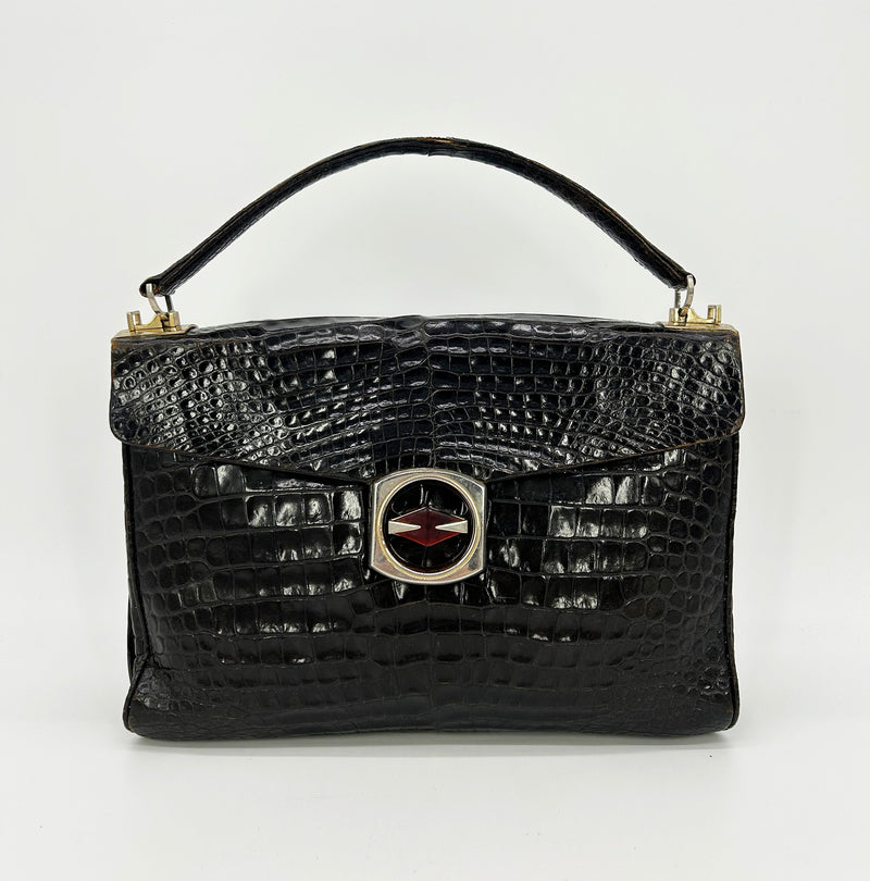 Vintage 1970s Brown Alligator Portfolio Top Handle Tote