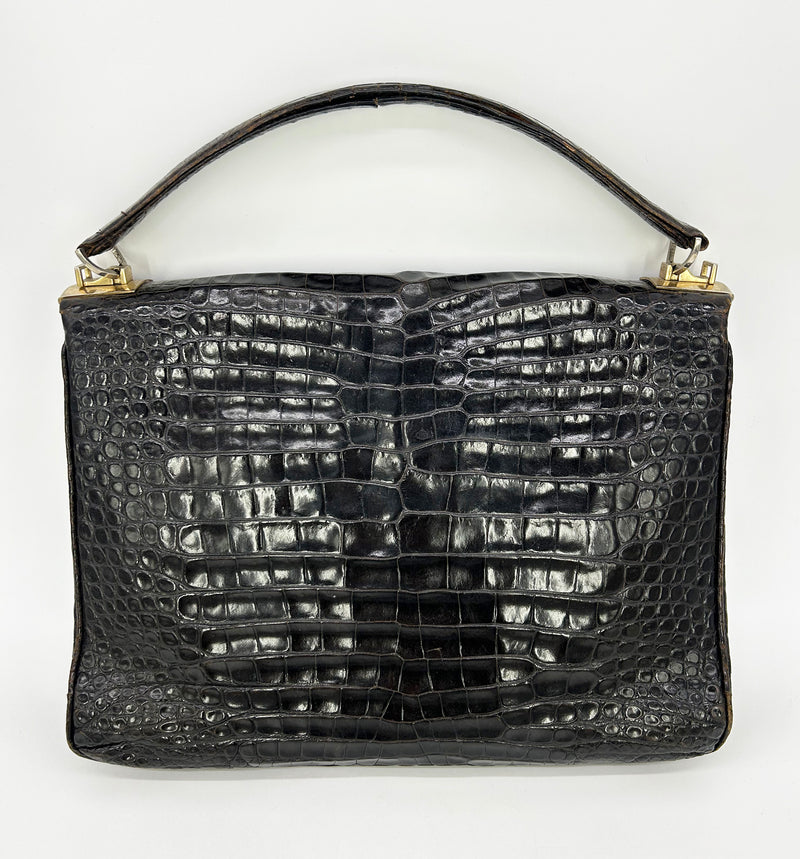 Vintage 1970s Brown Alligator Portfolio Top Handle Tote
