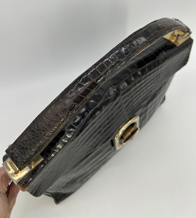 Vintage 1970s Brown Alligator Portfolio Top Handle Tote
