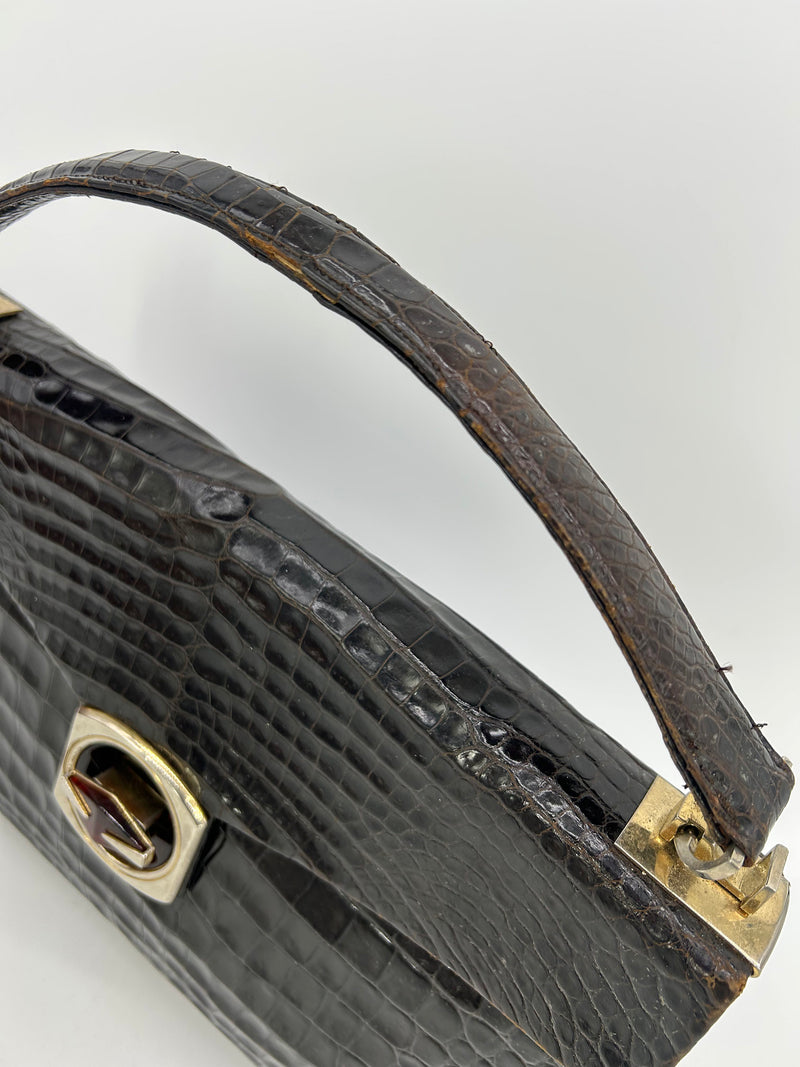 Vintage 1970s Brown Alligator Portfolio Top Handle Tote