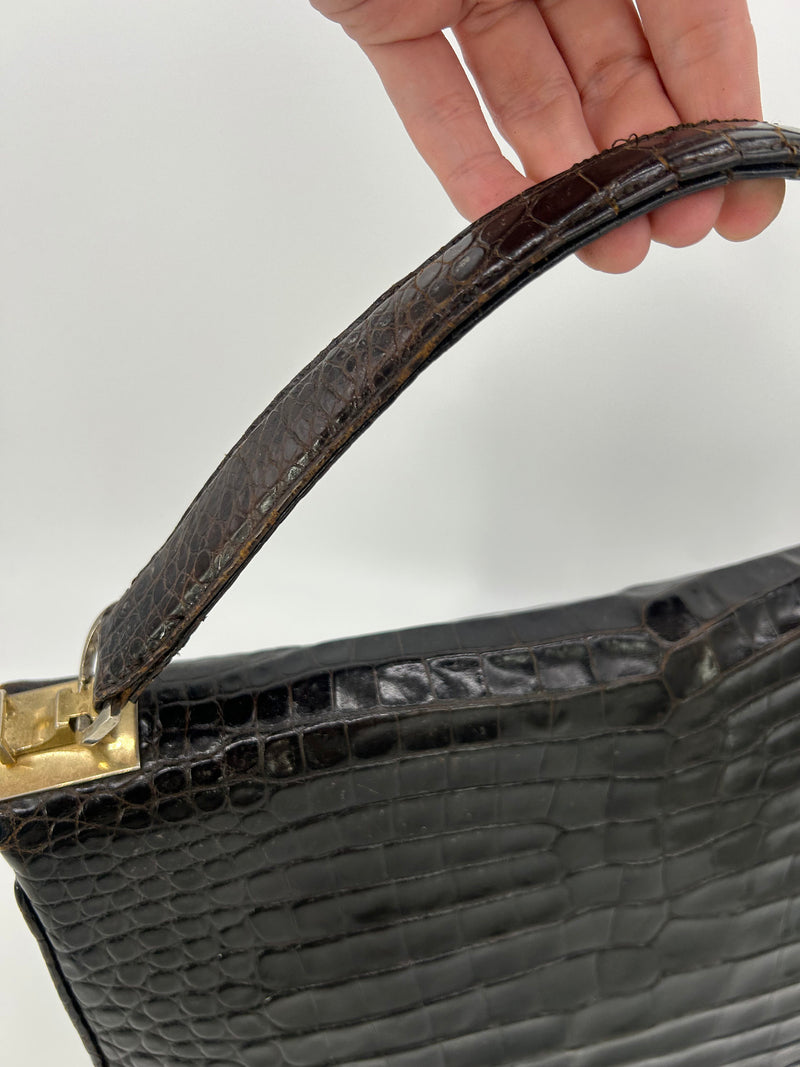 Vintage 1970s Brown Alligator Portfolio Top Handle Tote