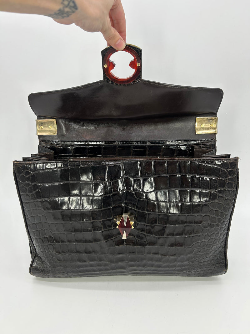 Vintage 1970s Brown Alligator Portfolio Top Handle Tote