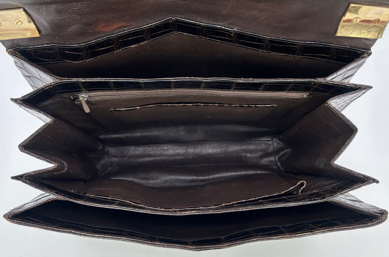 Vintage 1970s Brown Alligator Portfolio Top Handle Tote