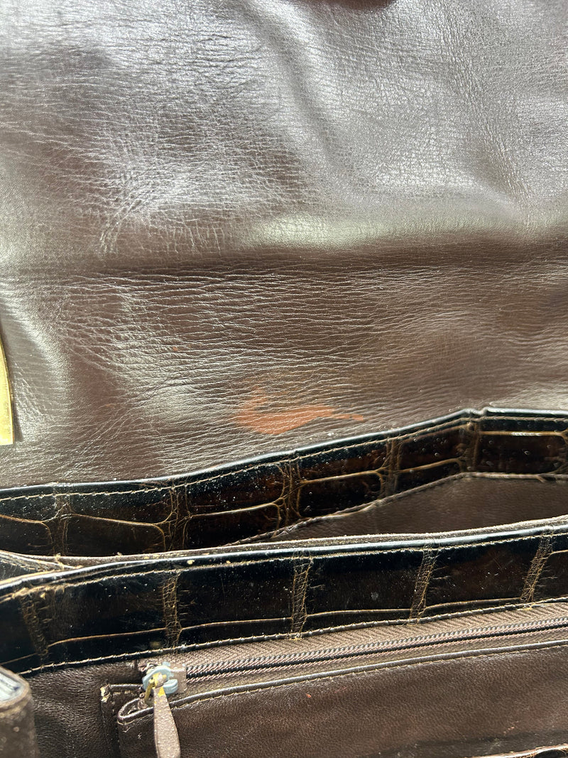 Vintage 1970s Brown Alligator Portfolio Top Handle Tote