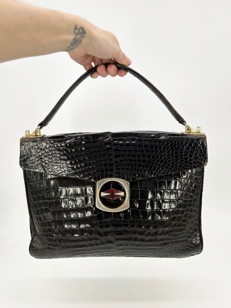 Vintage 1970s Brown Alligator Portfolio Top Handle Tote