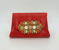 Vintage Judith Leiber Red Lizard Gemstone Front Clutch