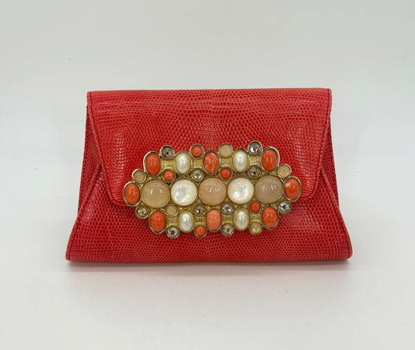 Vintage Judith Leiber Red Lizard Gemstone Front Clutch