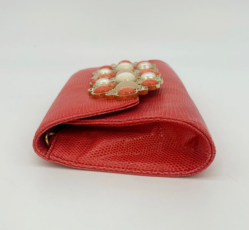 Vintage Judith Leiber Red Lizard Gemstone Front Clutch