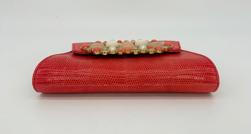 Vintage Judith Leiber Red Lizard Gemstone Front Clutch
