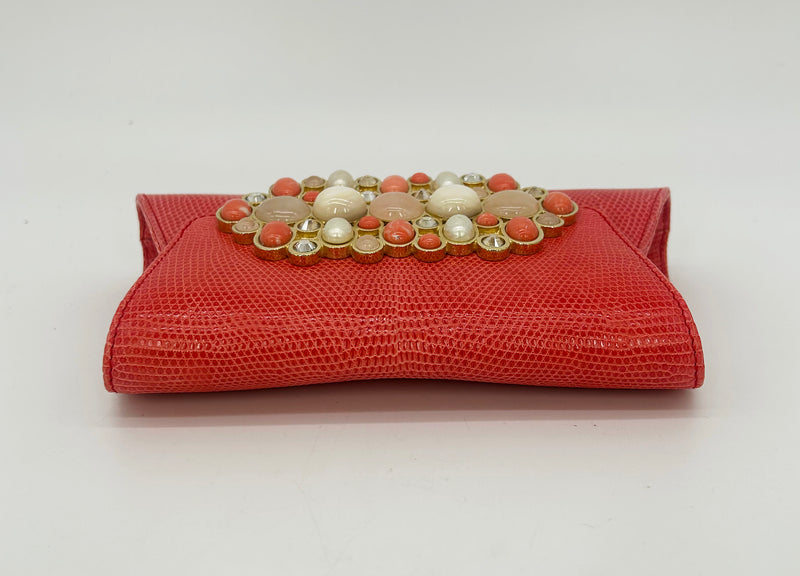 Vintage Judith Leiber Red Lizard Gemstone Front Clutch