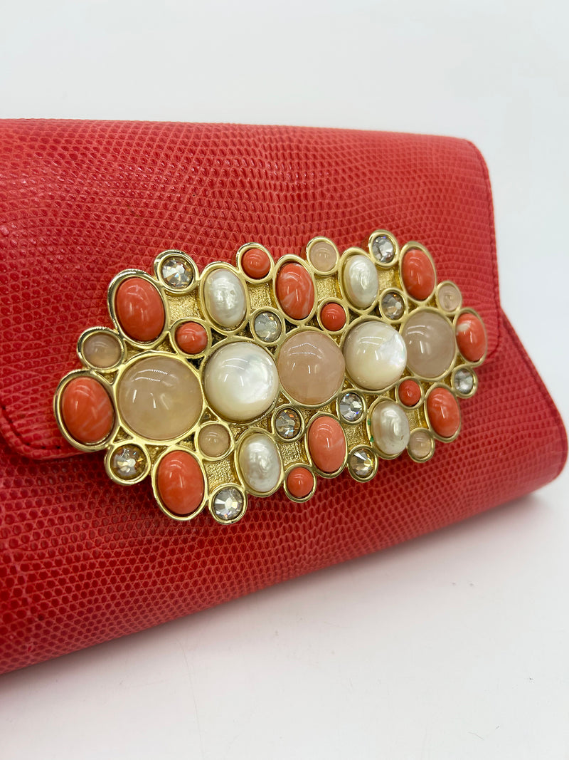 Vintage Judith Leiber Red Lizard Gemstone Front Clutch