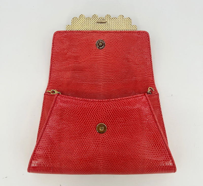 Vintage Judith Leiber Red Lizard Gemstone Front Clutch