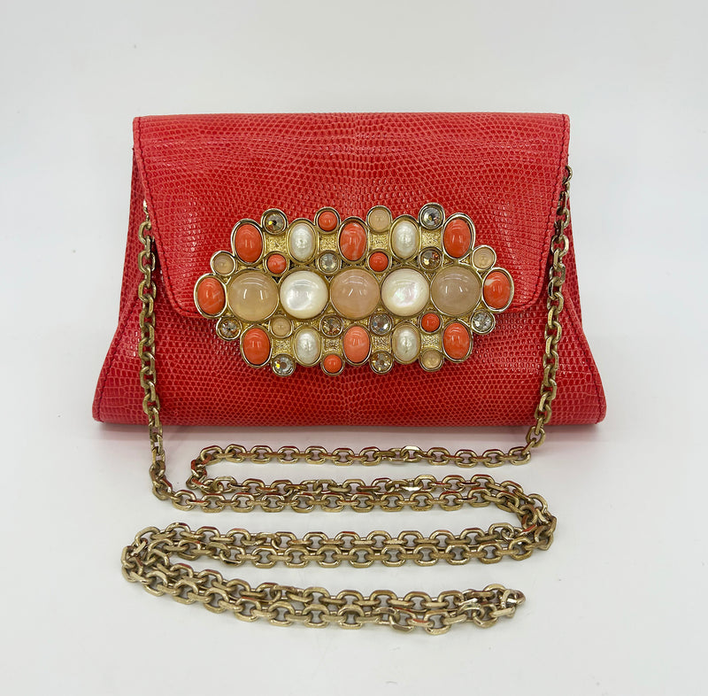 Vintage Judith Leiber Red Lizard Gemstone Front Clutch