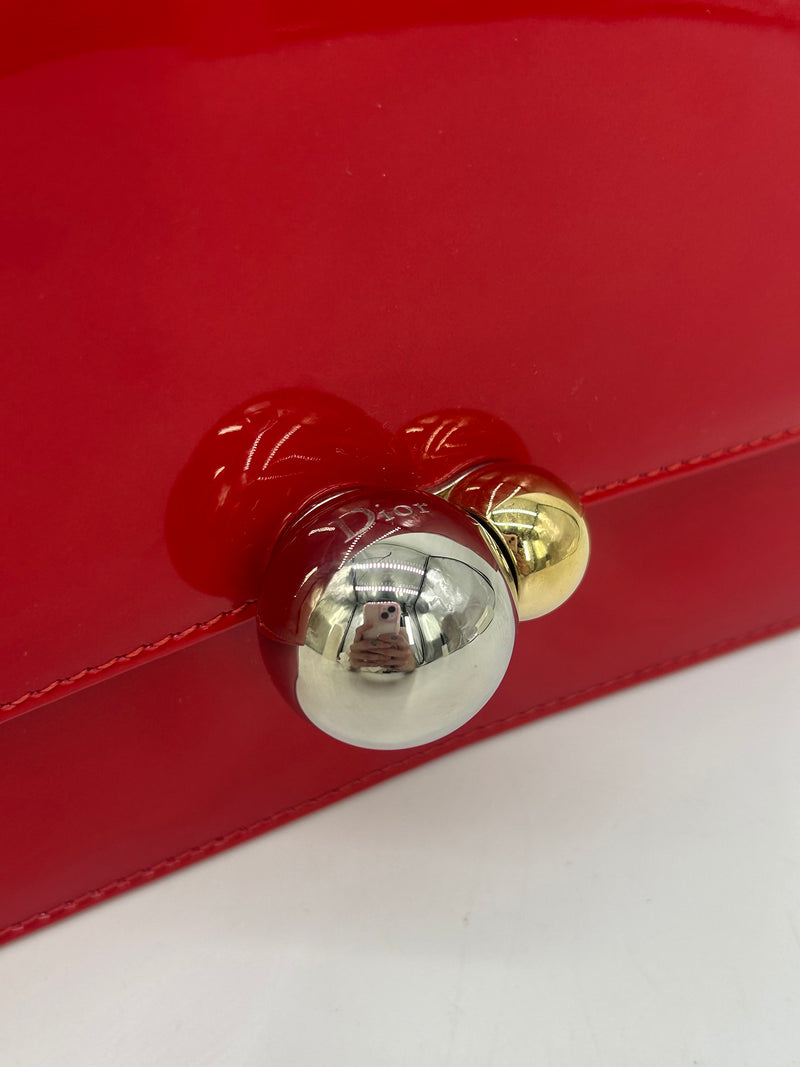 Christian Dior Red Patent Leather Tribale Chain Flap Bag