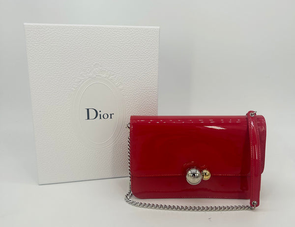 Christian Dior Red Patent Leather Tribale Chain Flap Bag