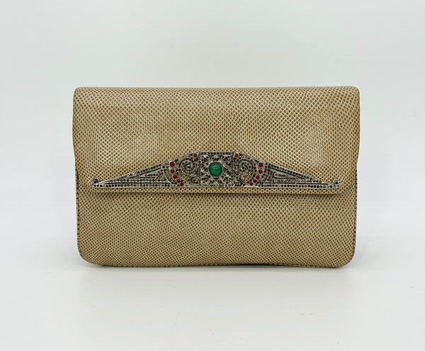 Judith Leiber Vintage Tan Lizard Antique Silver Deco Rhinestone Clutch