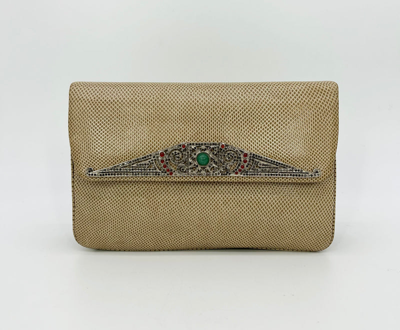 Judith Leiber Vintage Tan Lizard Antique Silver Deco Rhinestone Clutch