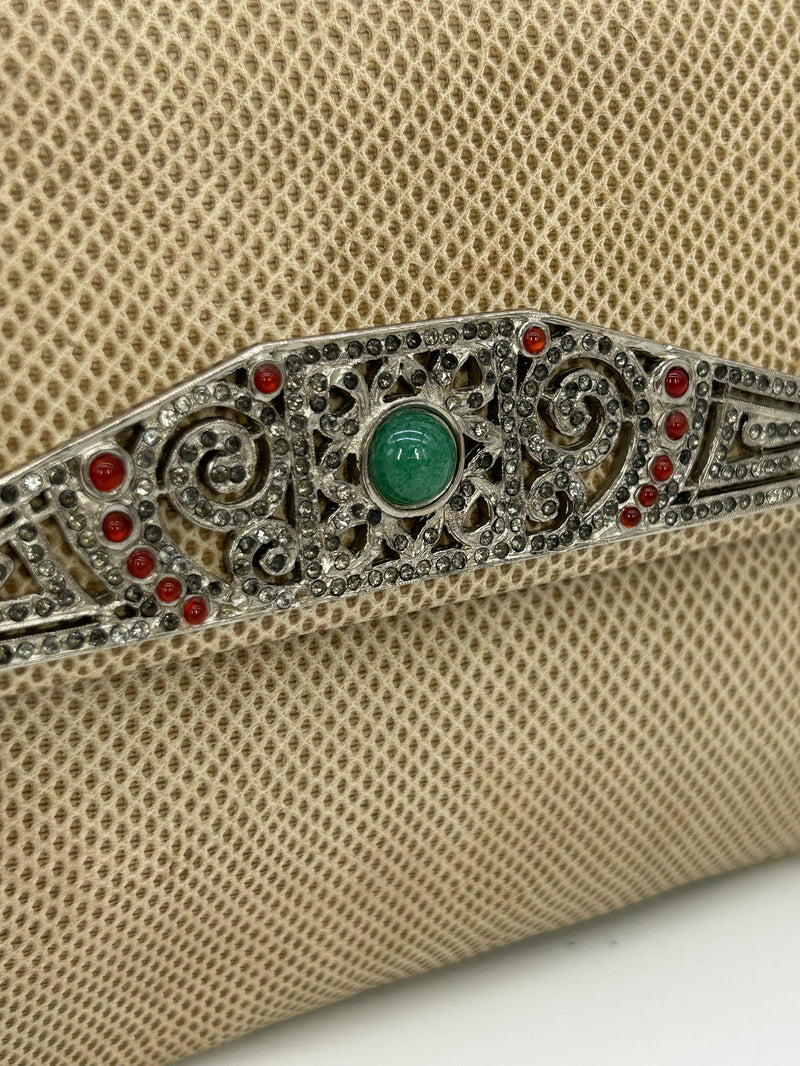 Judith Leiber Vintage Tan Lizard Antique Silver Deco Rhinestone Clutch