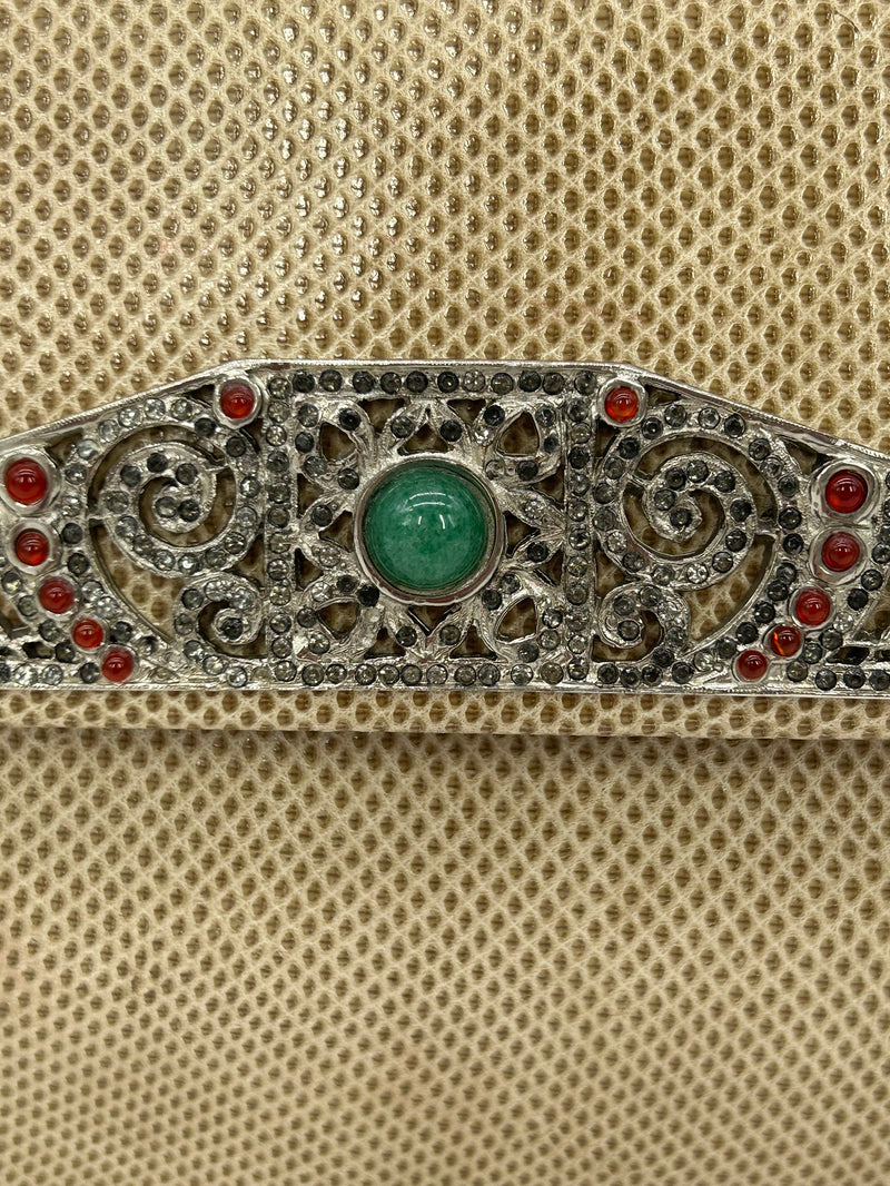 Judith Leiber Vintage Tan Lizard Antique Silver Deco Rhinestone Clutch