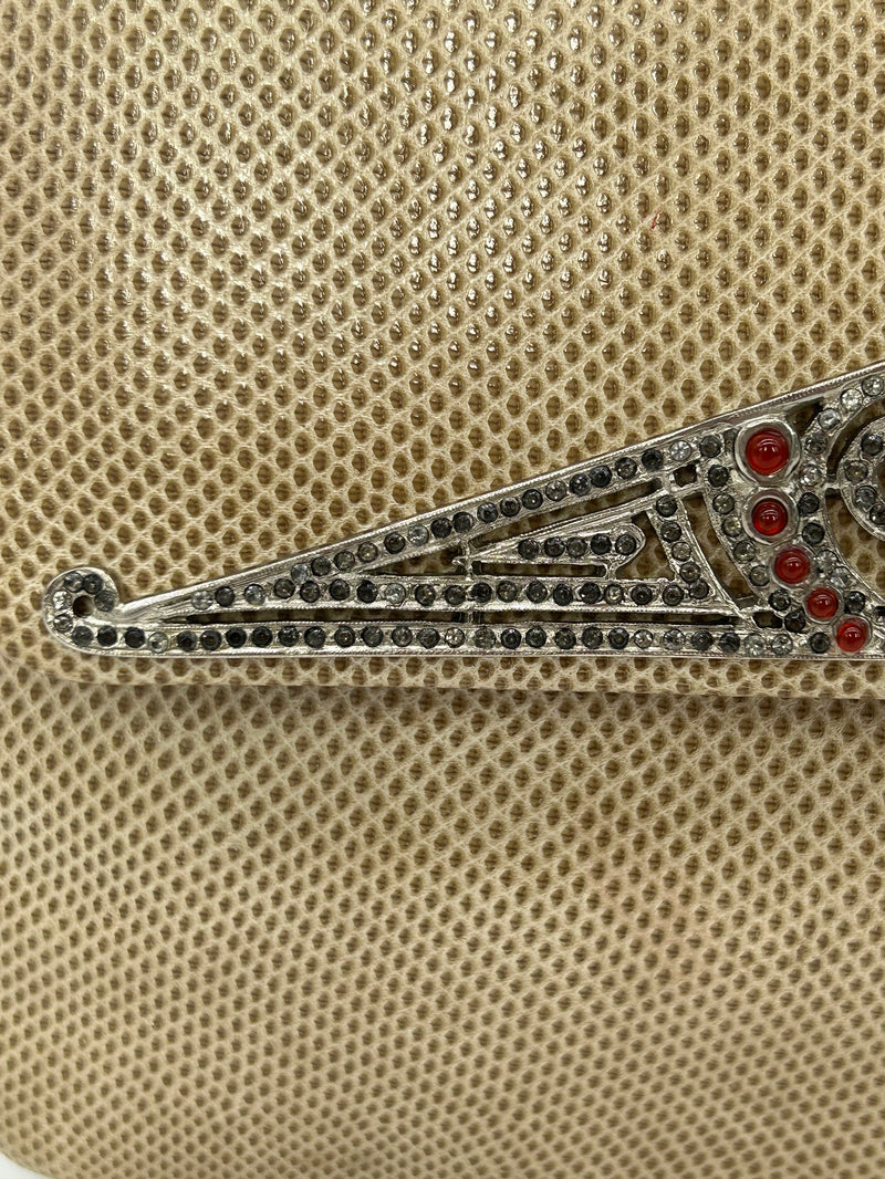 Judith Leiber Vintage Tan Lizard Antique Silver Deco Rhinestone Clutch