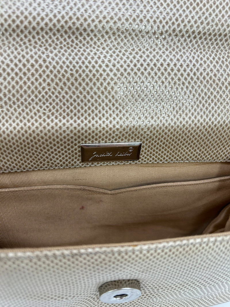 Judith Leiber Vintage Tan Lizard Antique Silver Deco Rhinestone Clutch