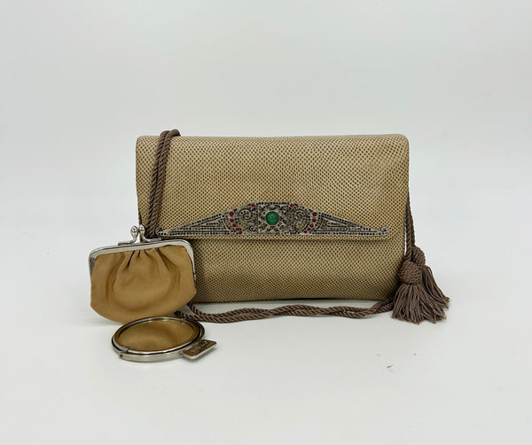 Judith Leiber Vintage Tan Lizard Antique Silver Deco Rhinestone Clutch