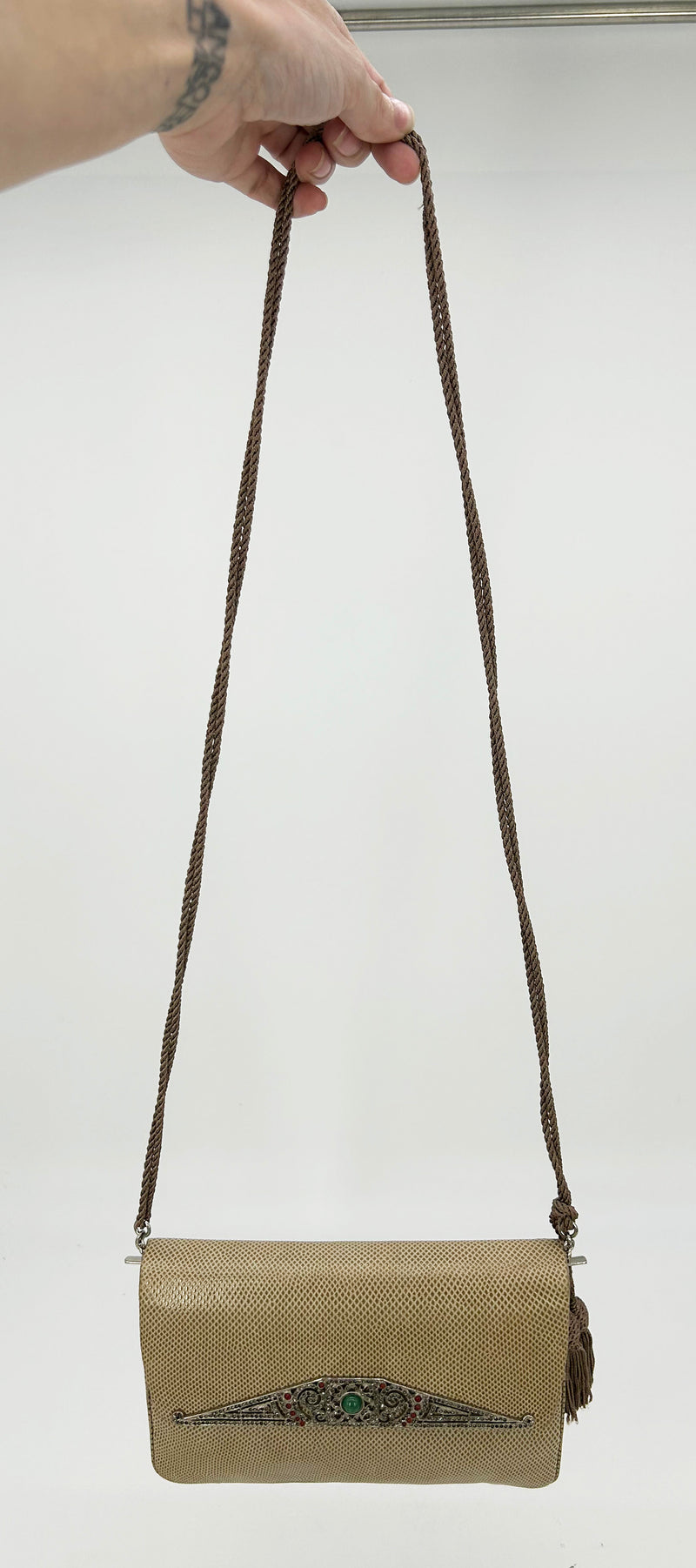 Judith Leiber Vintage Tan Lizard Antique Silver Deco Rhinestone Clutch