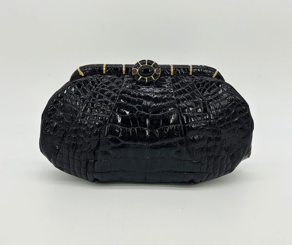 Judith Leiber Vintage Black Alligator Clutch with Amethyst Gemstones c1980s