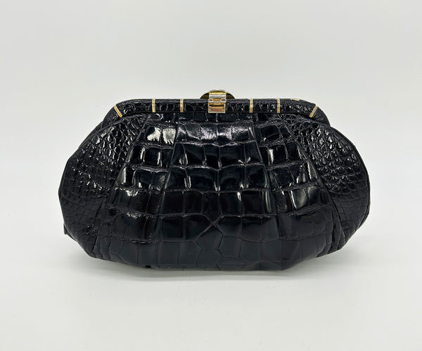 Judith Leiber Vintage Black Alligator Clutch with Amethyst Gemstones c1980s