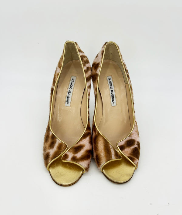 Manolo Blahnik Pink Pony Hair Leopard Print Gold Leather Peep Toe Pumps