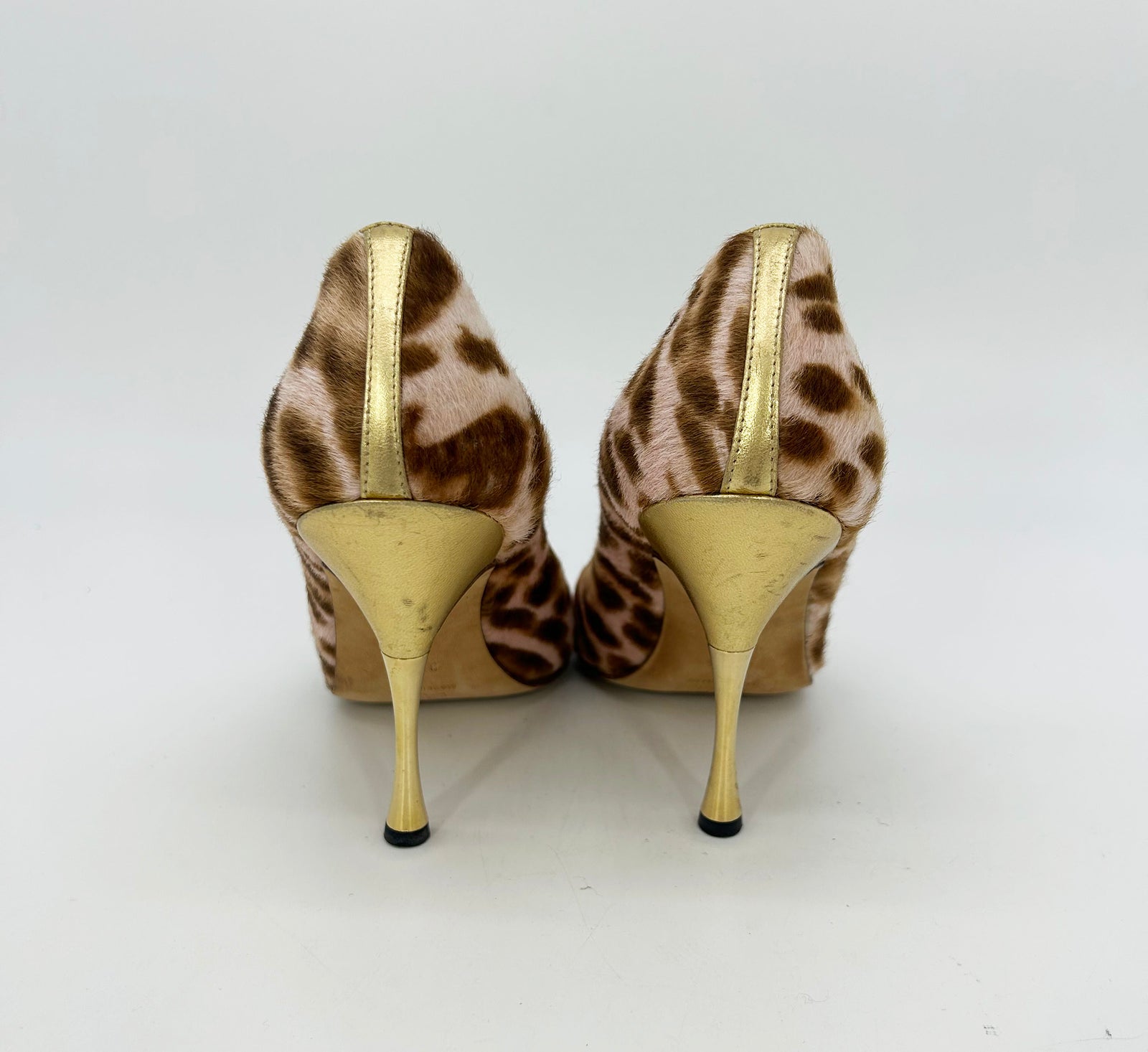 Manolo Blahnik Pink Pony Hair Leopard Print Gold Leather Peep Toe