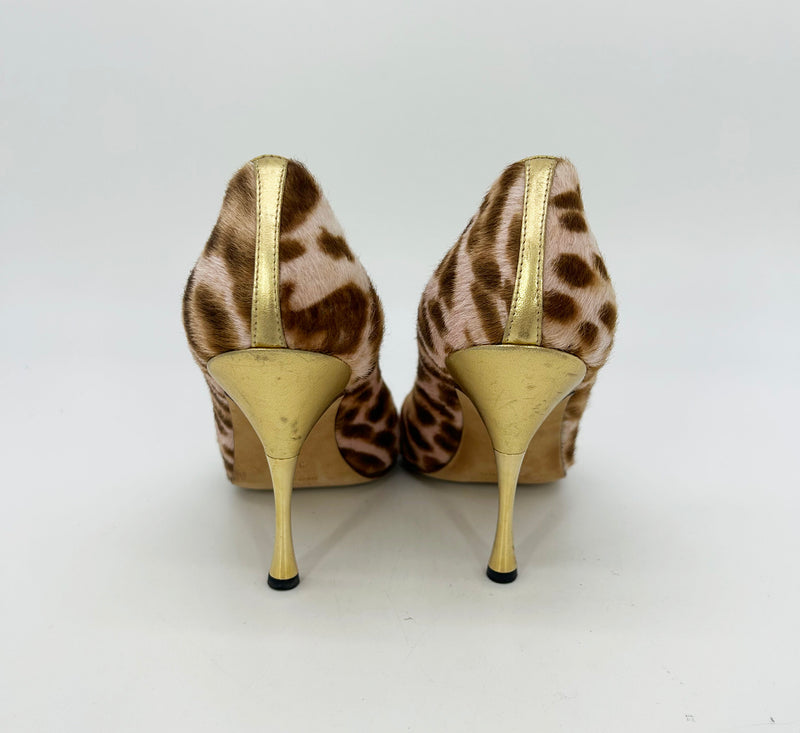 Manolo Blahnik Pink Pony Hair Leopard Print Gold Leather Peep Toe Pumps