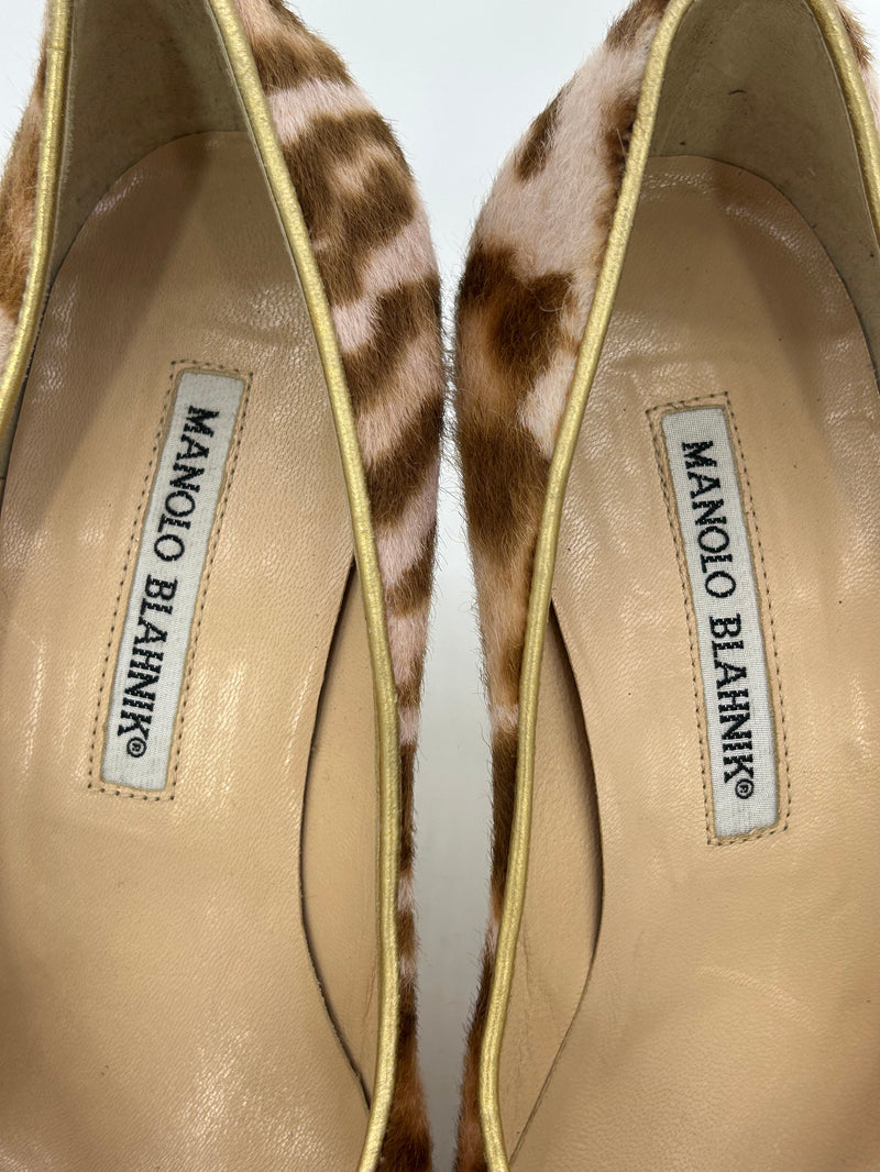 Manolo Blahnik Pink Pony Hair Leopard Print Gold Leather Peep Toe Pumps