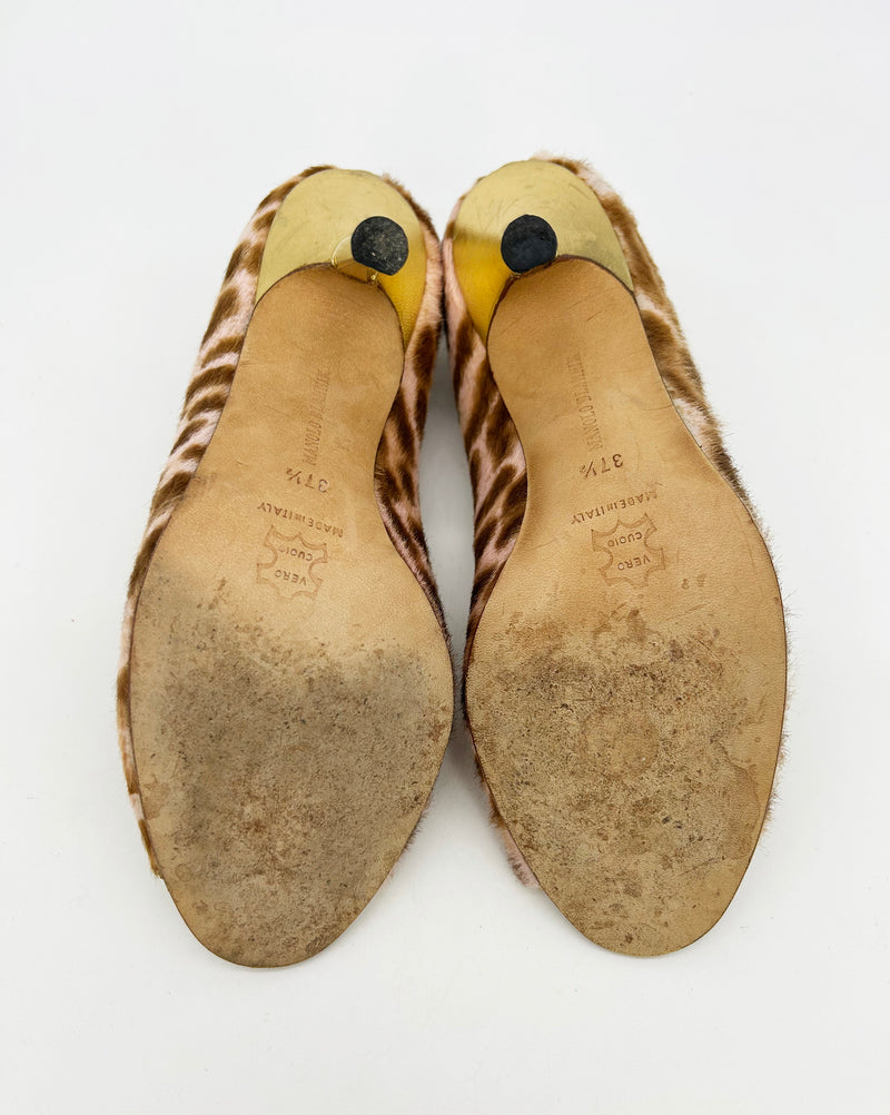 Manolo Blahnik Pink Pony Hair Leopard Print Gold Leather Peep Toe Pumps