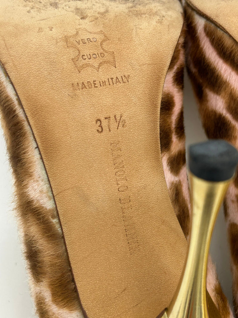 Manolo Blahnik Pink Pony Hair Leopard Print Gold Leather Peep Toe Pumps