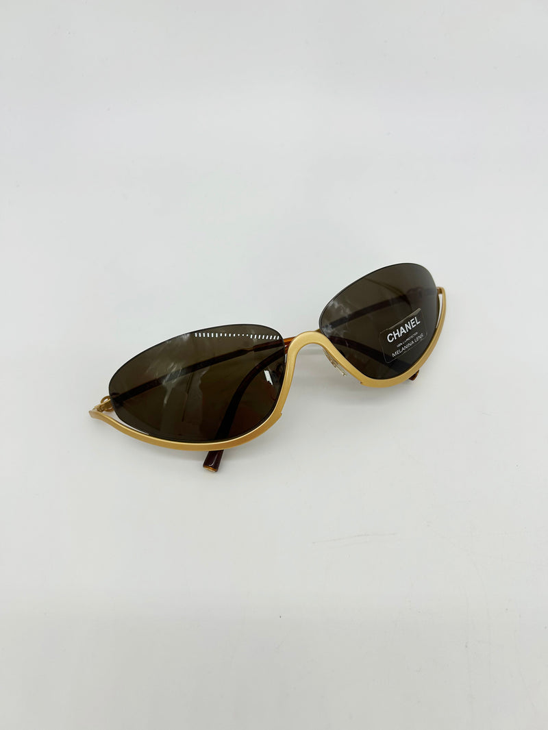 Chanel Vintage Y2K Half Frame Matte Gold Brown Lens Sunglasses c2000s