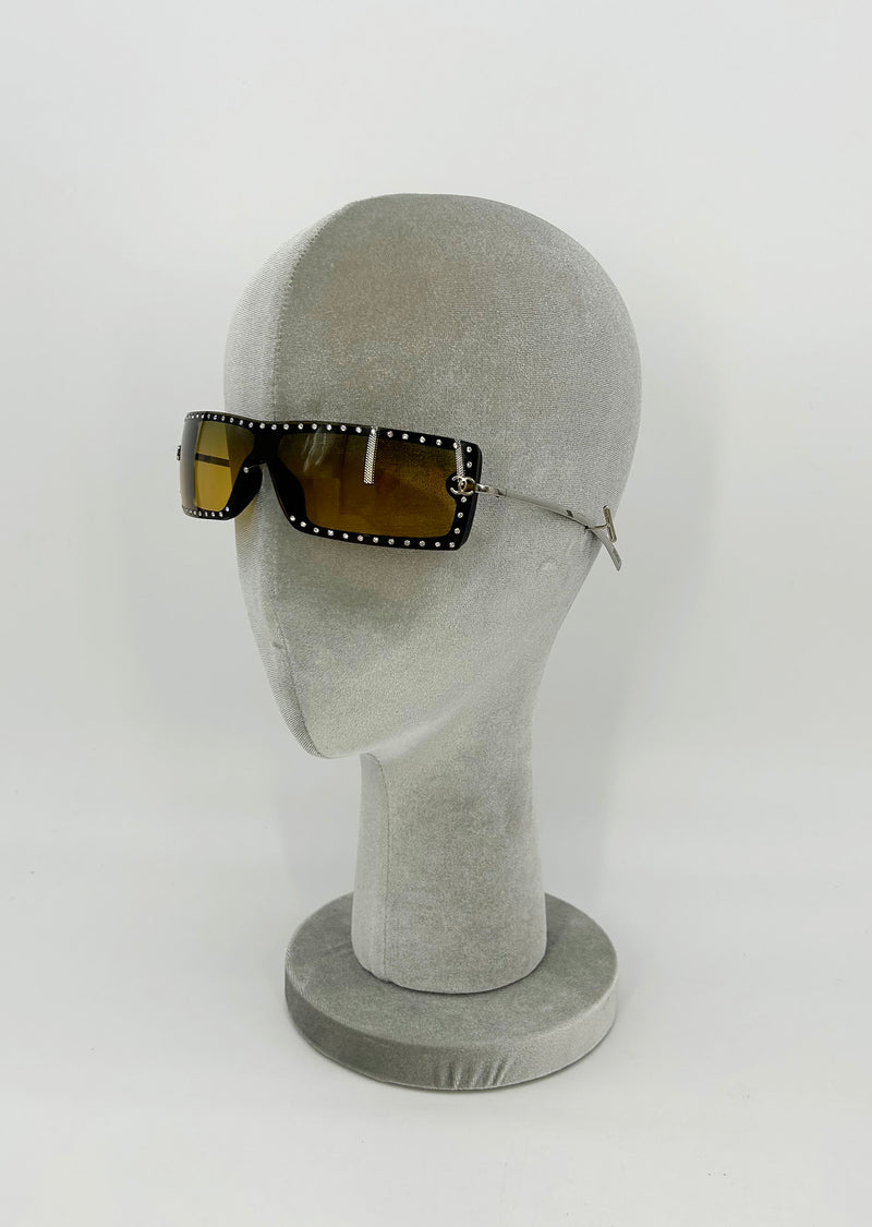 Chanel Vintage Y2K Brown CC Logo Crystal Frame Shield Sunglasses c2000s
