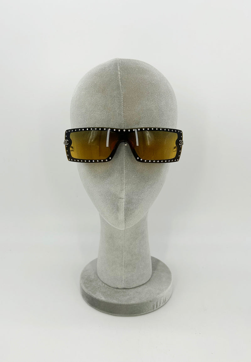 Chanel Vintage Y2K Brown CC Logo Crystal Frame Shield Sunglasses c2000s