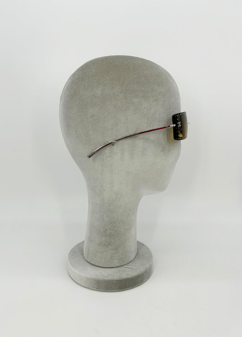 Chanel Vintage Y2K Brown CC Logo Crystal Frame Shield Sunglasses c2000s