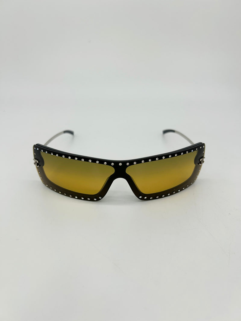 Chanel Vintage Y2K Brown CC Logo Crystal Frame Shield Sunglasses c2000s