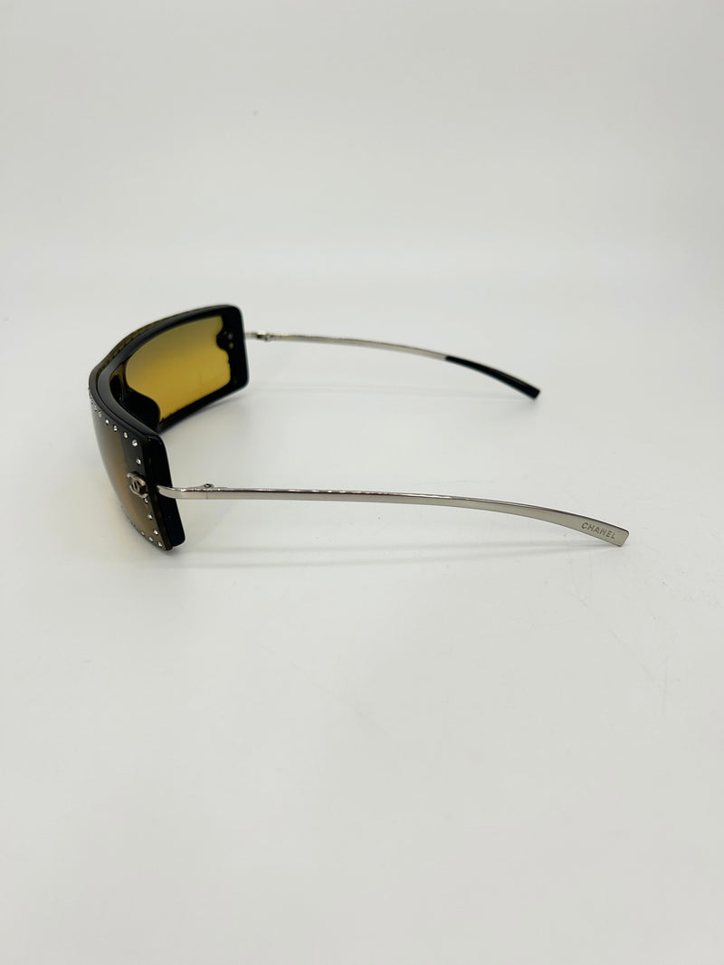 Chanel Vintage Y2K Brown CC Logo Crystal Frame Shield Sunglasses c2000s
