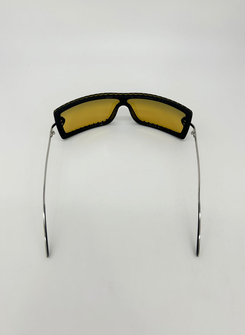 Chanel Vintage Y2K Brown CC Logo Crystal Frame Shield Sunglasses c2000s