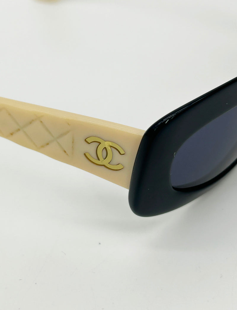 Chanel Vintage Y2K Black and Cream Oval Lens Sunglasses
