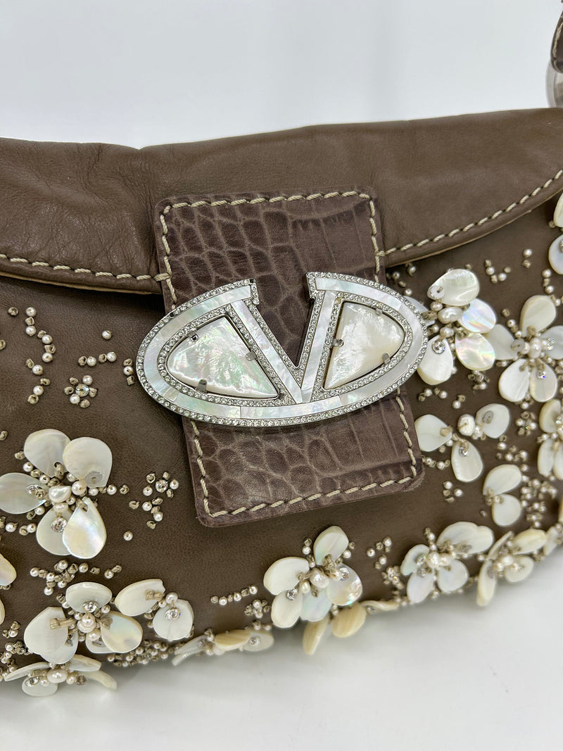 Valentino Pearl Beaded Leather Crystal Shoulder Baguette