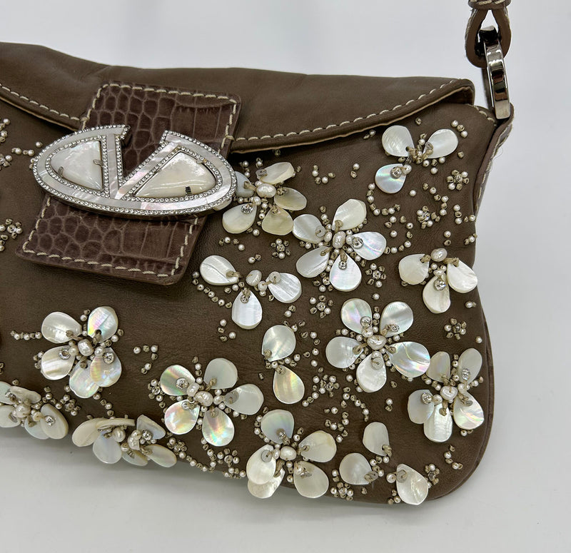 Valentino Pearl Beaded Leather Crystal Shoulder Baguette