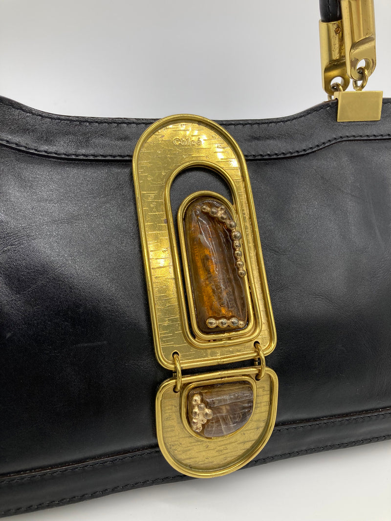 RARE Chloe Vintage Brown Leather Amber Jeweled Top Handle Bag c2000s