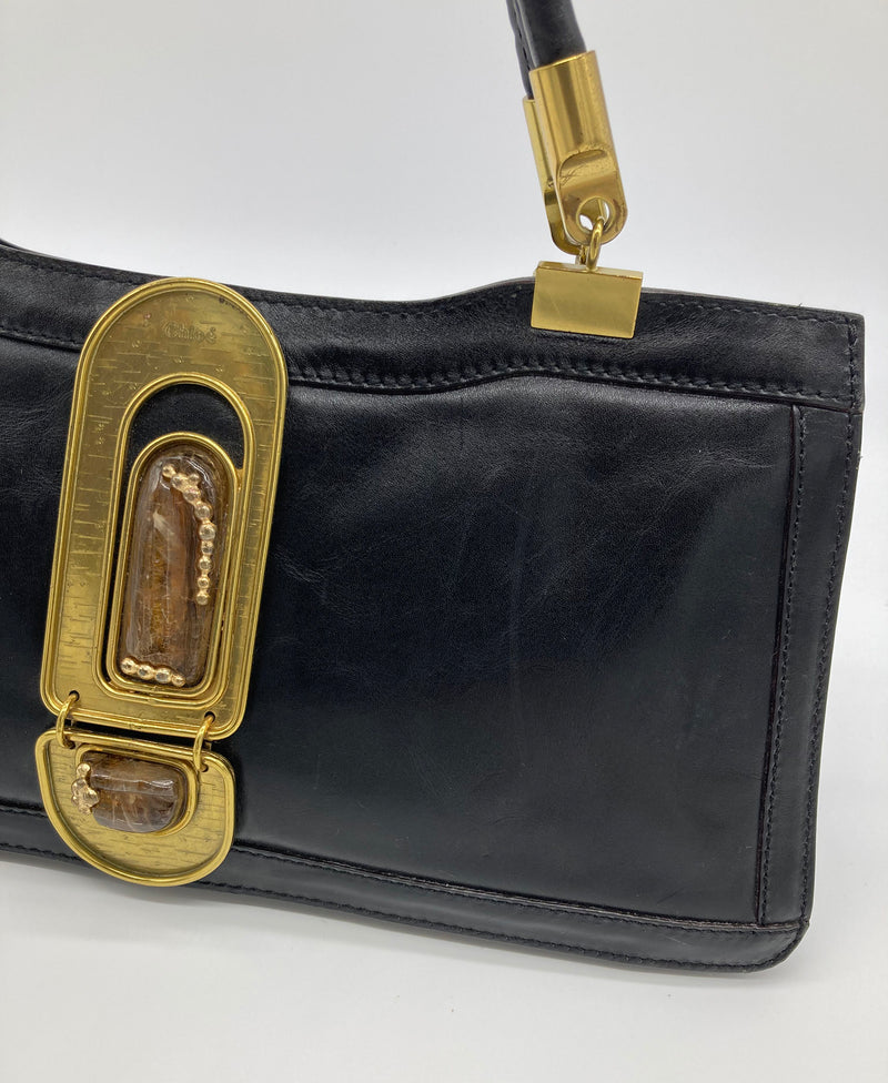 RARE Chloe Vintage Brown Leather Amber Jeweled Top Handle Bag c2000s