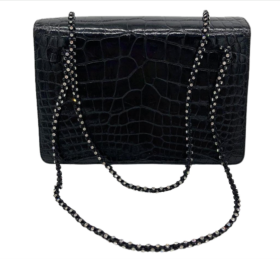 Judith Leiber Vintage Black Alligator Crystal Strap Evening Bag