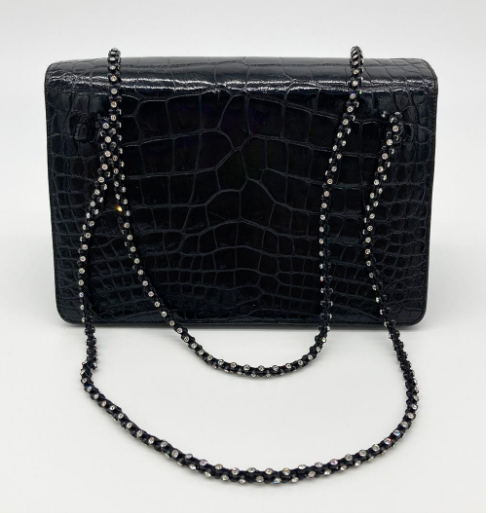 Judith Leiber Vintage Black Alligator Crystal Strap Evening Bag