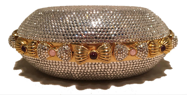 Judith Leiber Swarovski Crystal Oval Bow Trim Minaudiere Evening Bag Clutch